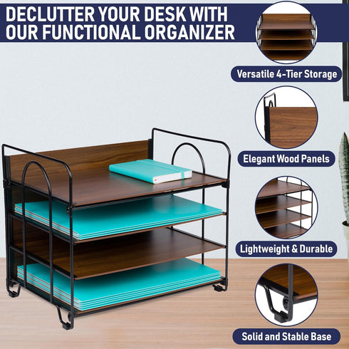 Office Organizer with 4 Tiers, Desk File Organizer with Wood Patterned Shelves for Storage of Paper, Bills, Letters