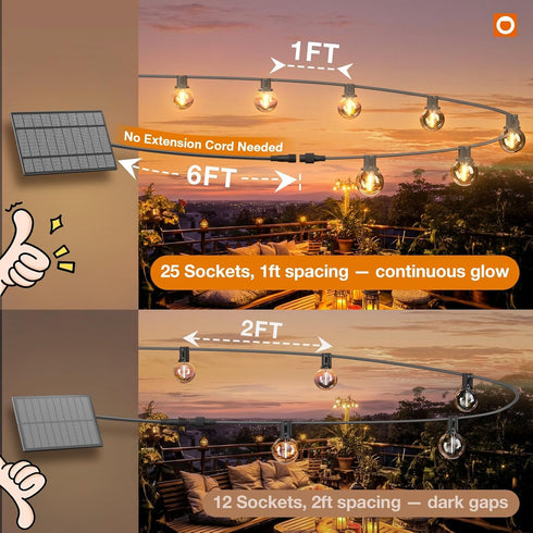 31FT(25+6) 1FT Bulb 25+2 Commercial G40 Bulbs, Dimmable addlon Solar String Lights Outdoor with Spacing, LED Solar