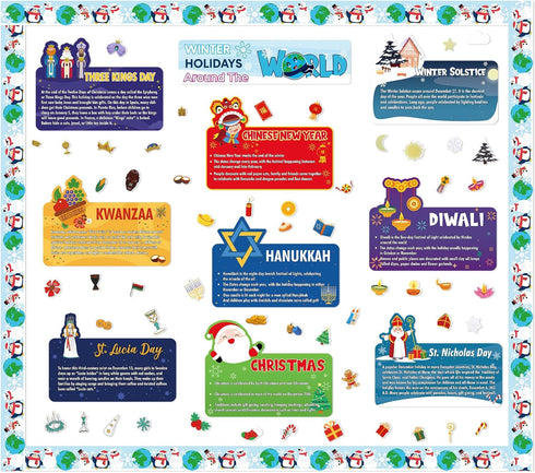 Cholemy 105 Pcs Winter Bulletin Board with Holidays Around The World Cutouts for Educational Resources Decor