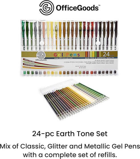 OfficeGoods 24 Pack Brown Earth Gel Pens with Ink Refills - Metallic, Glitter, Classic Colors - 0.8-1.0 mm Medium Tip