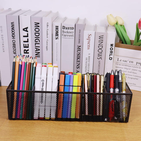 Black Mesh Pen Pencil Holder, Small Metal Desk Organizer with 5 Compartments for Office Supplies, Home, School,