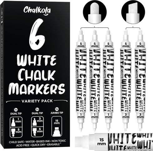 Chalkola 6 White Chalk Markers - Dual tip, Fine & Jumbo Tip