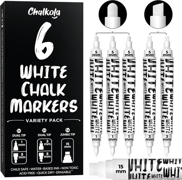 Chalkola 6 White Chalk Markers - Dual tip, Fine & Jumbo Tip