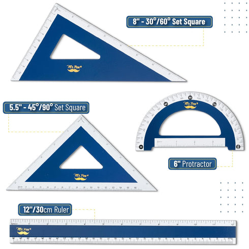 Set, 4 Pack, 8" 30/60 Set 5.5" 45/90 Set 6" 12" Mr. Pen- Wooden Geometry Square, Square, Protractor & Ruler
