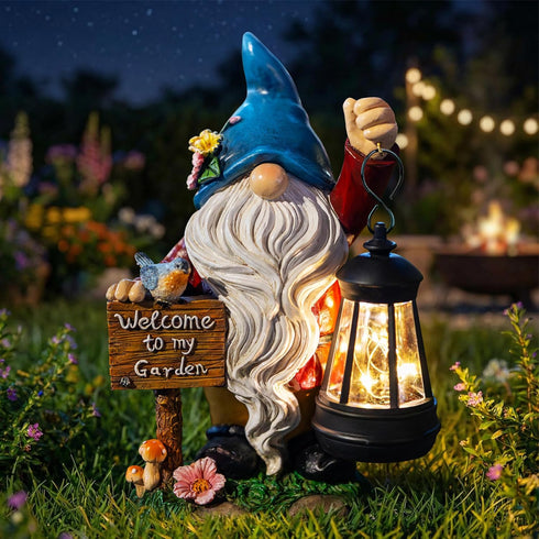 ZQQLITE Garden Gnome Statues Figurine Lights - Solar Powered Lighting Outdoor Decorations with Lantern & Welcome Sign