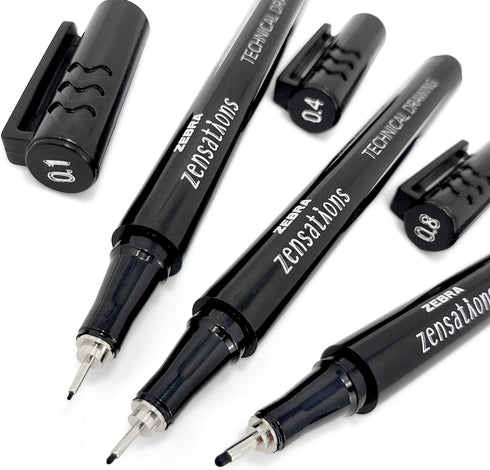 Zebra Zensations Technical Drawing Fineliner Pens - Full Set of 6 Grades, Black Ink
