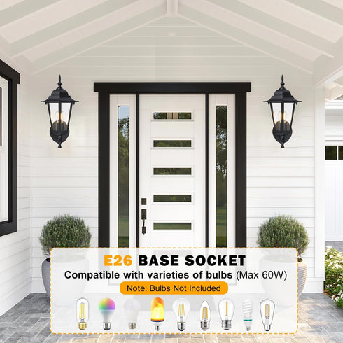 E26 60W Bulbs 2 Pack Outdoor Wall Lantern, Wall Sconce as Porch Lighting Fixture, Base Max, Aluminum Housing Plus