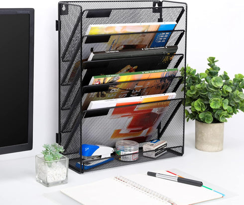 EasyPAG 5 Tier Mesh Office Organizer, Wall Mounted File Holder, Vertical Hanging Paper File Rack with White Label