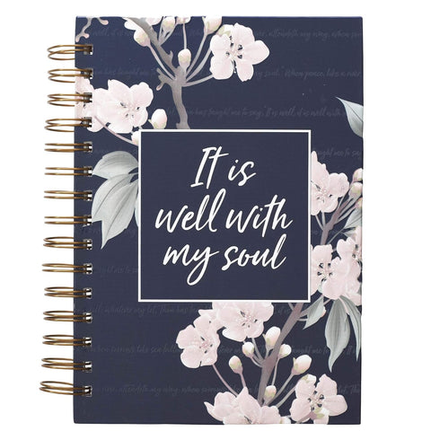 Inspirational Spiral Journal Notebook for Women, It is Well, Navy Blue Floral, 192 Ruled Pages, Large Hardcover