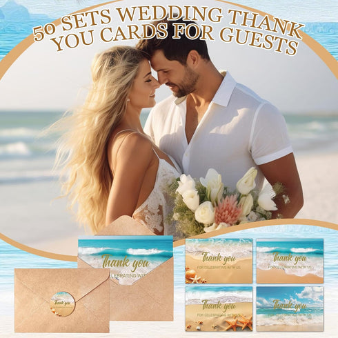 50 Sets Eaasty Beach Wedding Thank-you Cards with Envelopes & Stickers Ocean Shore Note Cards From Mr and Mrs Thank You