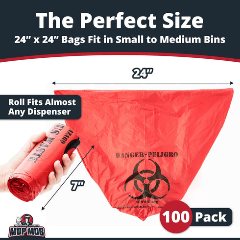 100 10 24" No Leak, Hospital Grade Biohazard Waste Bags Pk. Gallon, Red Trash Liner With Hazard Symbol For Infectious