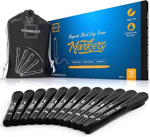 Scribbledo 12 Pack Magnetic Dry Erase Markers, Black Fine Tip with Eraser Cap for Home, School & Office