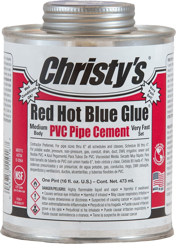 Christy's Red Hot Blue Glue PVC Cement, Medium Body, Very Fast Set, Low-VOC, 1 Pint (16 fl oz)