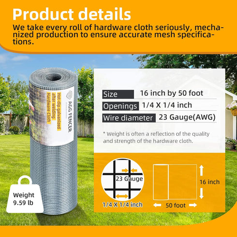 16inch 50ft 1/4 inch 23Ga, x Hardware Cloth Chicken Wire Fencing Hot Dipped Galvanized After Welding Garden Plant