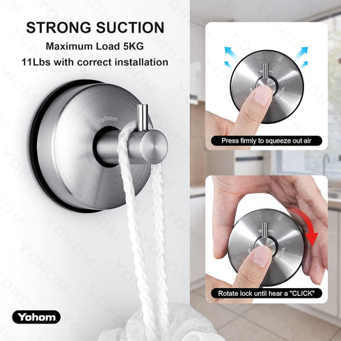 YOHOM 4Pcs Vacuum Suction Cup Hooks, Shower Towel Holder, Brushed Stainless Steel Kitchen Storage Organizer