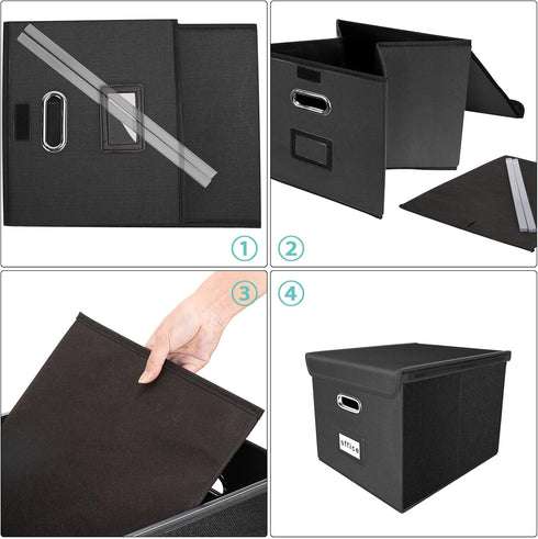 Huolewa Large Portable File Organizer Box, Black Linen Document Storage Box with Lid, Collapsible for Office/Home
