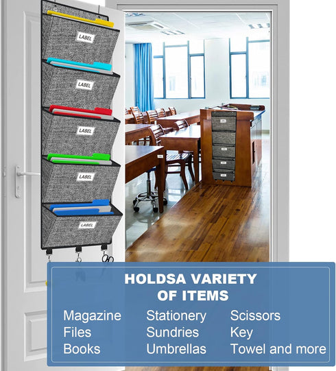 homyfort Over the Door File Organizer, Hanging Wall File Folders with 5 Large Pockets for Papers, Charts, Mails, Office