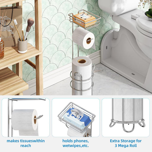 4 Simple Trending Toilet Paper Holder Free Standing,Toilet Paper Stand with Shelf for Rolls, for Phones,Tissues,Wipes