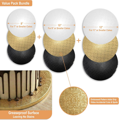 8, 10 12 Inch (9 Pack) 1/2" BOARDS+ Cake Drums & in White, Gold & Black Color | Thick CakeBoard Circle Rounds + Free