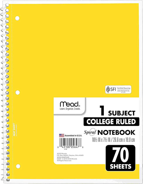 Mead Spiral Notebooks, 6 Pack, 1-Subject, College Ruled, 10-1/2" x 8”, 70 Sheets per Notebook, Assorted Colors