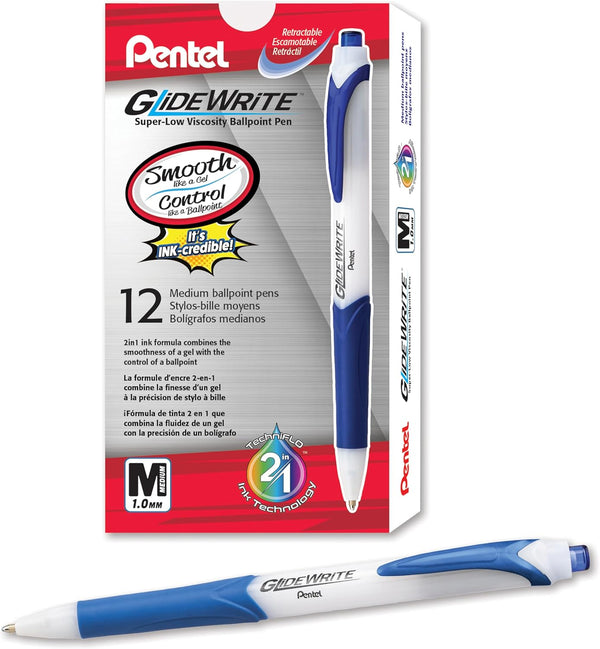 Pentel GlideWrite Ballpoint Pen with TechniFlo Ink, (1.0mm) Medium Line, Light Blue Ink, Box of 12 (BX910-S1)