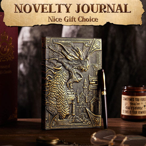 Pajean Dragon Journal, Embossed Leather Antique Dragon Notebook with Pen, Lined Paper, A5 (Bronze)