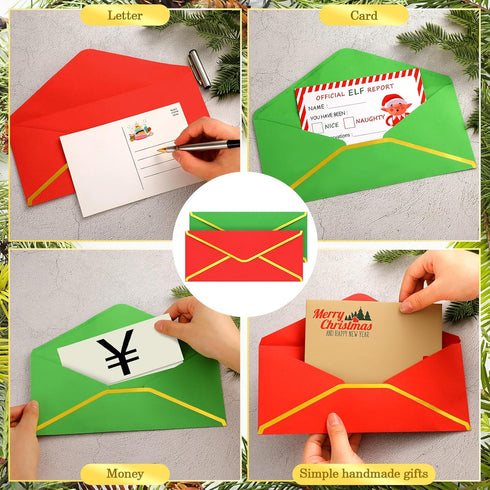 Outus Christmas Envelopes 100 Pack #10 Business Envelopes with Gold Border, Self Adhesive Mailing Envelopes (Red, Green)
