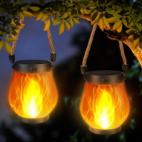 iBaycon 2 Pack Gen2 Solar Lanterns Lights, Ultra-Real Flame Garden Lights with