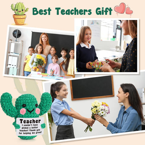 Lodeskee Funny Teacher, Teachers Appreciation Gift for Xmas, Thank You for Helping Me Grow, Handmade Crochet Cactus