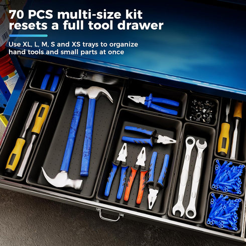 ALIKZO 70 Set, 5 PCS Tool Box Organizer Tray & Desk Drawer Organizer Size Interlocking Bins for Garage Tool Storage