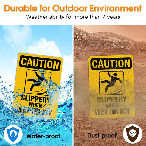 Slippery When Wet Or ICY Sign, Caution Sign 2 Pack, 10" x 7" Rust Free Aluminum with Pre-drilled Holes