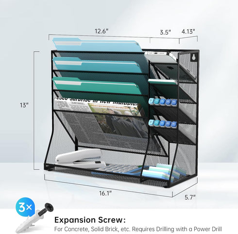 Wall Mounted File Organizer, 5-Tier Desk Organizer with 4 Pen Holders, Mesh Desk Organizers for Office Supplies with