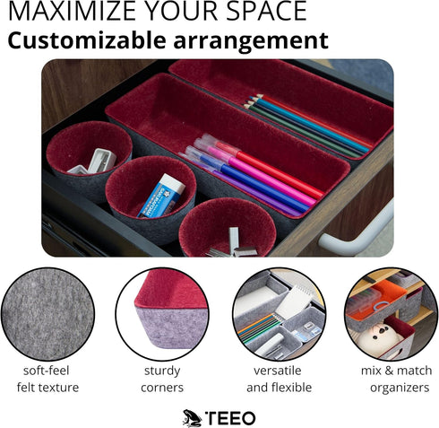 Teeo Drawer Organizers - Office Supply Organizer, Makeup Storage, Pack of 9, Burgundy Compartment Desk Caddy