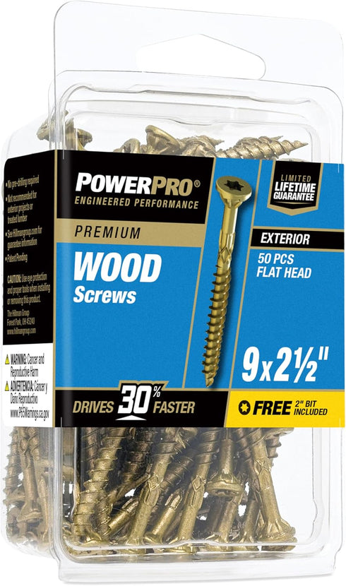 Power Pro 42481 Wood Screws - #9 x 2-1/2", Epoxy Coated, Coarse Thread, Outdoor Rust Resistant, 50pcs