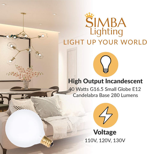 G16.5 Bulb 40W E12 (10 Pack) 120V, 2700K Dimmable Simba Lighting Small Globe Round Candelabra Base for Chandelier