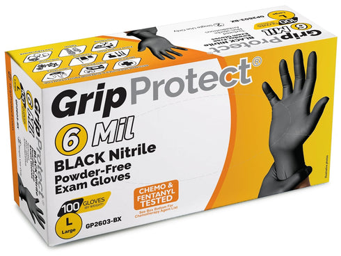 GripProtect 6 Mil BLACK Nitrile Exam Gloves, Chemo-Rated Heavy Duty for Food, Cleaning, Tattoo, Automotive