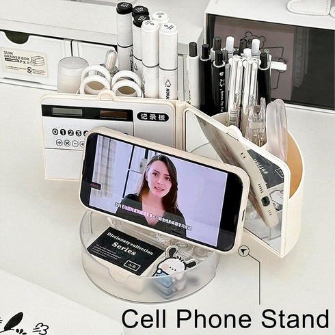 Desk Pencil Pen Holder with Calculator & Mirror, 7 Slots, 180° Opening, Desktop Storage for Office, School, Home, Art