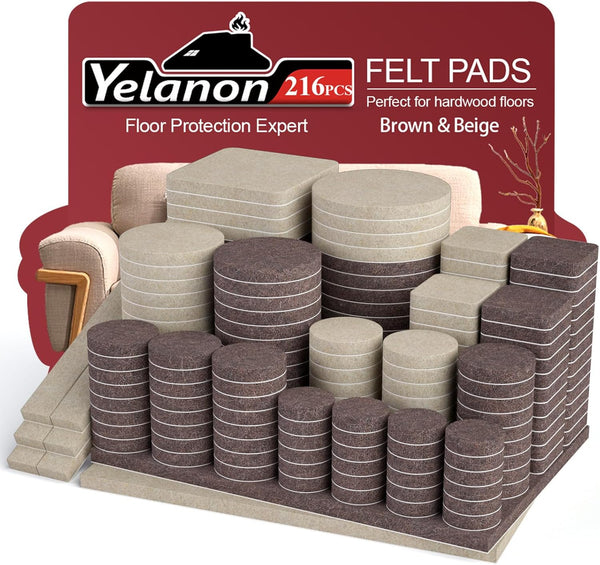 Yelanon 216 Pcs Felt Furniture Pads for Hardwood Floors, Premium Floor Protectors for Chair Legs, Beige & Brown