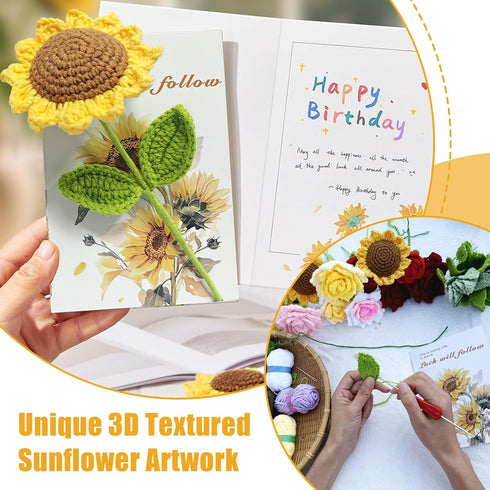 Birthday Card for Women Handmade Crochet Sunflower for Her Birthday Card for Women - with Knitted Flowers Cards