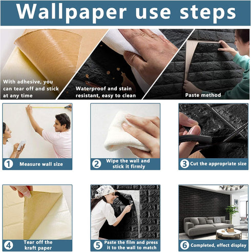 10 PCS Black 3D Wall Panels - 14.5 sq.feet Coverage, Self-Adhesive Waterproof Brick PE Foam Panels for Interior Wall