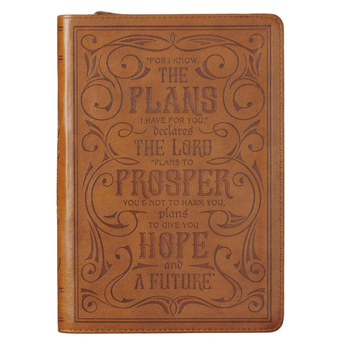 Classic Faux Leather Journal, I Know The Plans Jeremiah 29:11 Bible Verse, Brown, Lined Pages, Zipper Closure