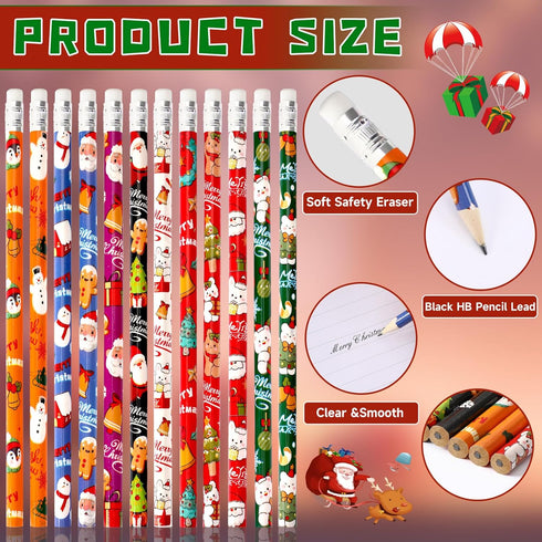 JULMELON 72PCS Christmas Party Favors Set, 36PCS Christmas Pencils with 36PCS Snowman Snowflake Erasers for Kids