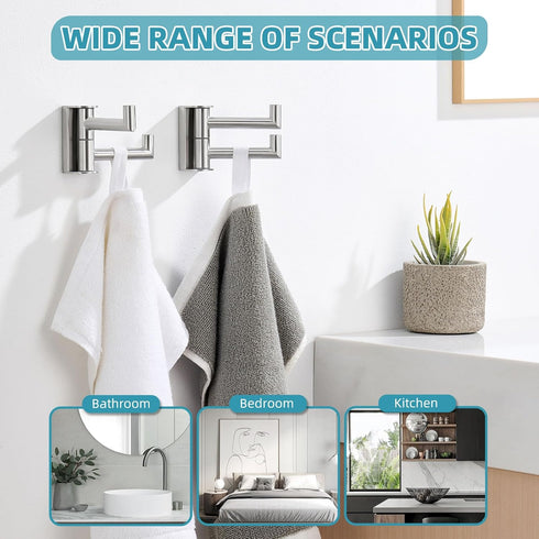 2 Pack, 304 Angle Simple Swivel Towel Double Hook Brushed Nickel Stainless Steel Bathroom Robe Hook