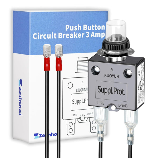 Push Button Circuit Breaker, Low Voltage Protector 3 Amp, Waterproof Cap Design, Manual Reset 32V Protection