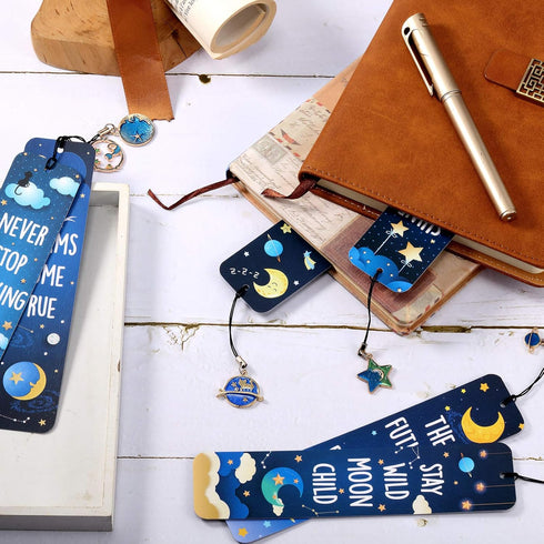 Zonon 12 Pcs Space Bookmarks with Metal Charms, Cat Moon Star Celestial Bookmarks for Children, Inspirational Quotes