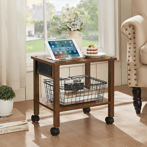 YUFAM 2 Tier Under Desk Printer Stand with Storage, Small Printer Table with Charging Station, Rolling Printer Cart