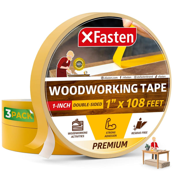 XFasten Double Sided Woodworking Tape, 1 inch x 36 Yards, Heavy Duty No Residue Wood Glue Tape for Tools