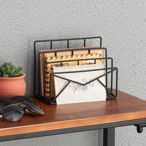 MyGift 3 Slot Modern Black Metal Wire Desk Mail Sorter with Envelope Design for Compact Storage Organizer