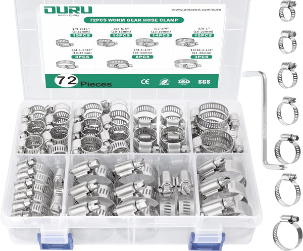 72PCS Stainless Steel Hose Clamp Assortment Kit, Adjustable 1/4"-1-1/2" Worm Gear Hose Clamp Set