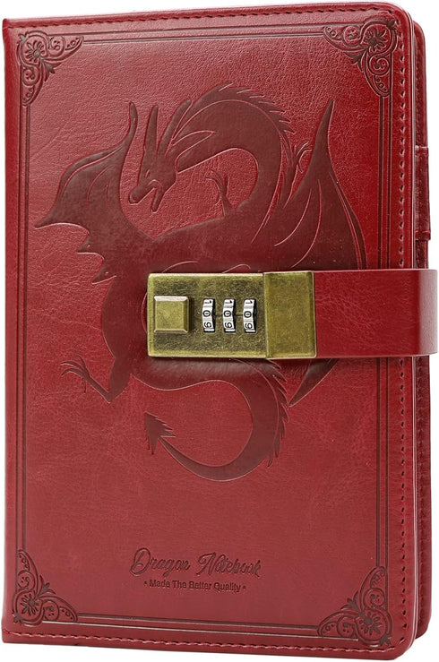 Dragon Leather Journal Notebook, Diary with Combination Lock, Lined/Blank Paper, B6 Writing Journals